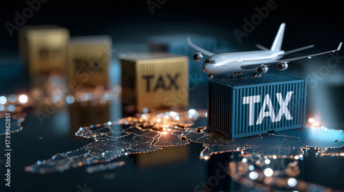 Airplane model on tax containers, representing global commerce and logistics, highlighting importance of tax in international trade