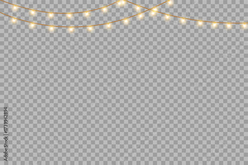 Golden festive fairy lights garland glowing on transparent background for holiday celebration and event design