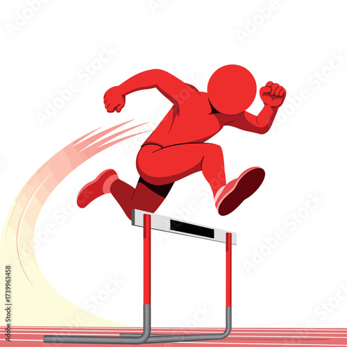 Red figure athlete jumping over a hurdle in a race