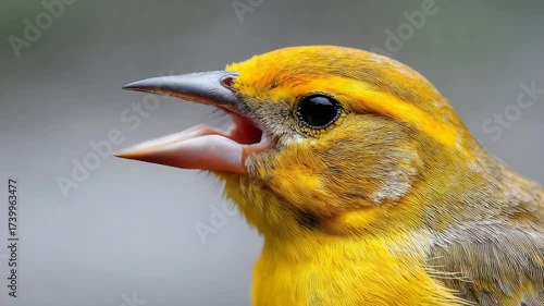 Closeup of a canary’s beak singing.