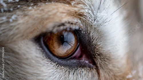 Closeup of a wolf’s piercing eye in snow.