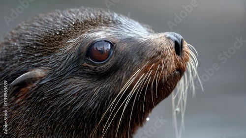 Closeup of a sea lion’s whiskers dripping with seawater