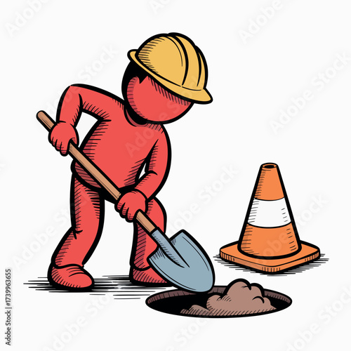 Red cartoon worker in hard hat digging a hole with a shovel next to a traffic cone