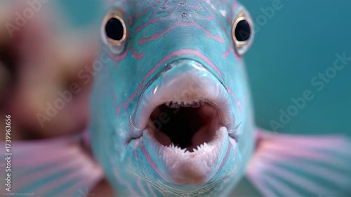 Closeup of a parrotfish mouth underwater.