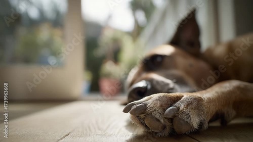 Closeup of a dog’s paw resting on wood.