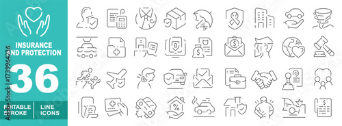Insurance and protection set of web icons in line style. Containing handheart, person, calculator, shirt, parcel, umbrella, ribbon, house, carhand, car, report, briefcase. Editable stroke icons