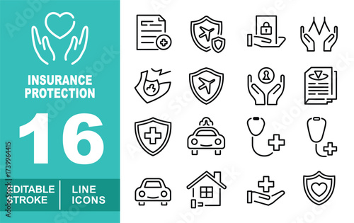 Insurance protection set of web icons in line style. Containing handheart, report, shieldplane, handlock, hands, shieldarrow, handdoctor, reportdoctor, shieldcross. Editable stroke icons collection.