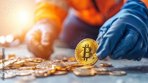 Hands operating digital mining setup with cryptocurrency coins, showcasing excitement of digital finance and technology