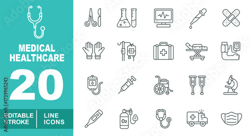 Medical icons depict tools like stethoscope syringe microscope wheelchair thermometer ambulance oxygen tank etc