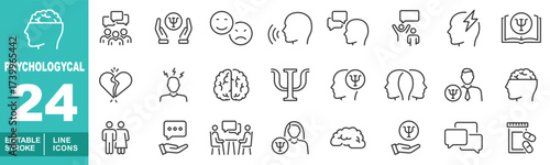 Psychological set of web icons in line style. Containing brain, people, handpsi, happy, head, speech, man, lightning, book, heart, pain, psi, headpsi, psychologist, couple. Editable stroke icons