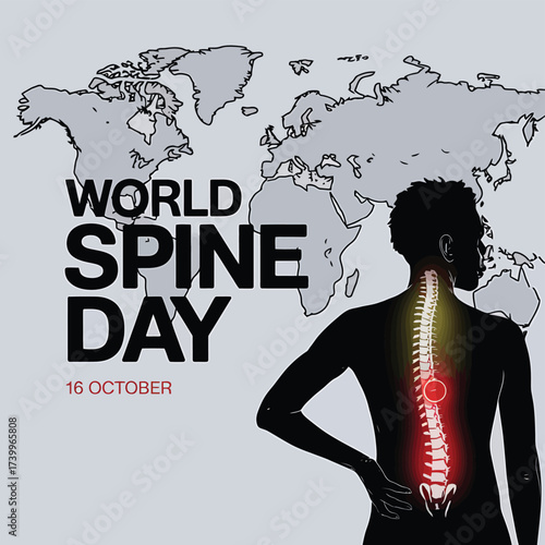 Vector art of world spine day graphic with silhouette of a person showing a glowing spine against a world map background