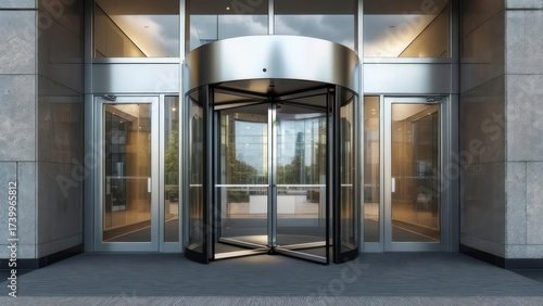 Modern building entrance featuring a revolving door. Glass and metal facade, bright light