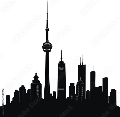 Black silhouette of city skyline with communication tower and buildings white background.




