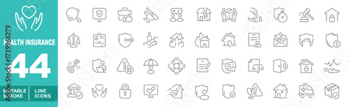Health insurance set of web icons in line style. Containing search, shieldtick, briefcase, scissor, house, handshouse, hand, alarm, balance, idcard, shield, stairs. Editable stroke icons collection.