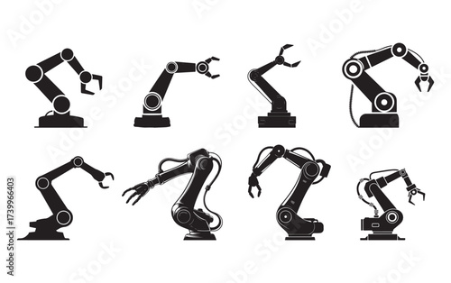Industrial Robotic Arm Silhouettes Vector Set for Automation and Manufacturing Design.