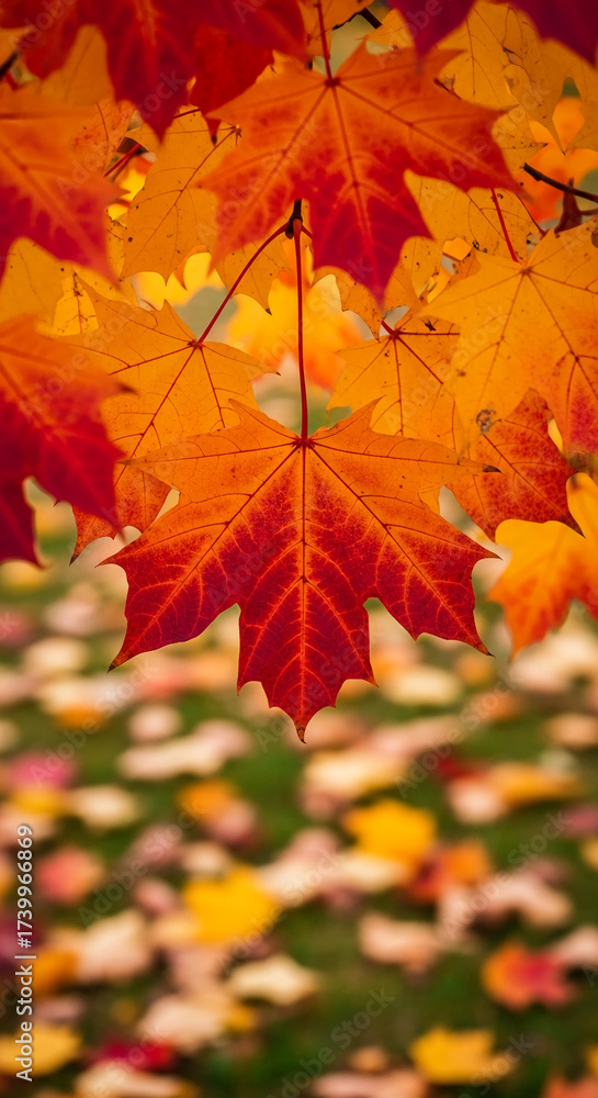 Fototapeta premium Close-up of red and orange maple leaf, vibrant autumn colors, showcasing nature's beauty, perfect for fall-themed designs or nature photography