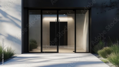 Modern minimalist entry with glass doors, framed in black, leading to a dark interior