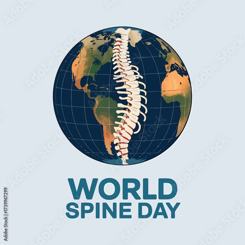 Vector art of world spine day graphic featuring a realistic globe with a detailed human spine running through its center, promoting global spinal health