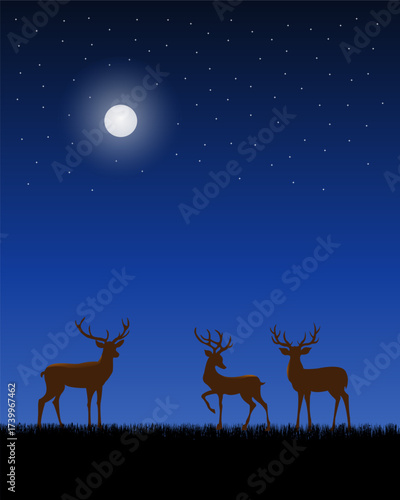 A serene night scene with three deer silhouettes standing in a field of grass, under a starry sky with prominent full moon.