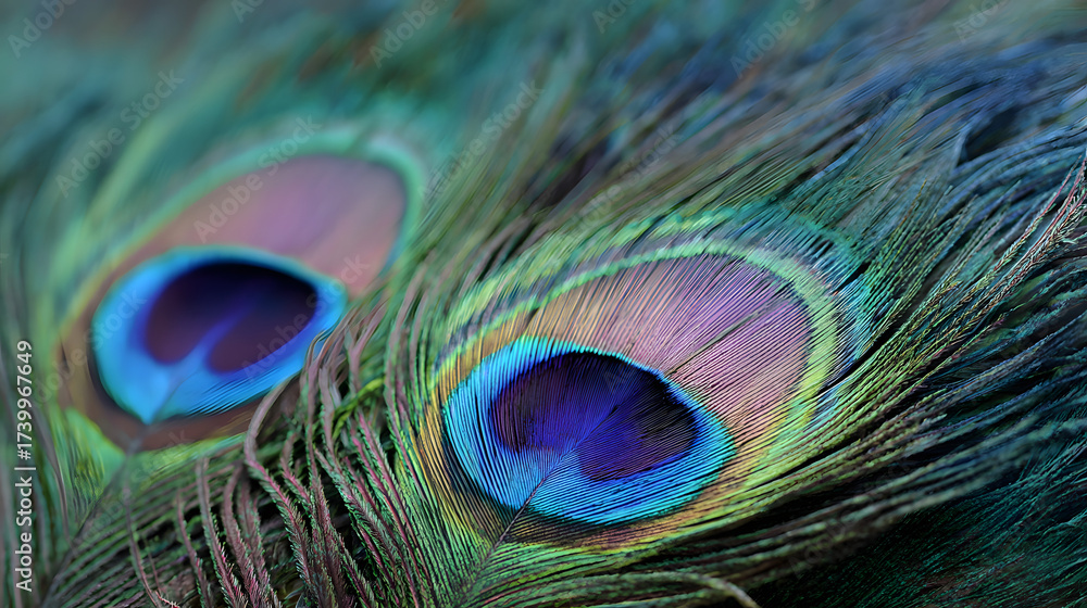 Obraz premium Close-up of vibrant peacock feathers showcasing intricate patterns and colors.