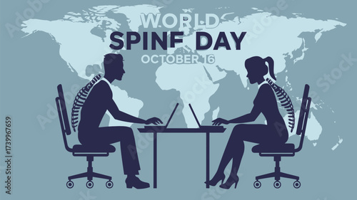 Vector art of world spine day concept showing two silhouetted people working on laptops with spinal issues, highlighting the importance of posture