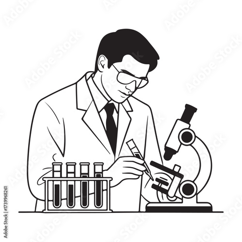 Scientist examines bacteria under microscope in laboratory isolated on white background