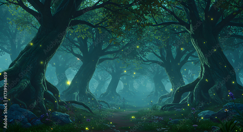 Obraz premium Magical Forest Scene with Fireflies at Night