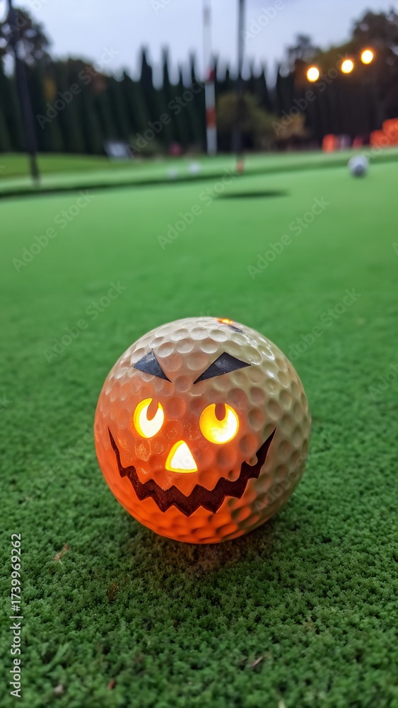 Naklejka premium A Halloween-themed golf ball resembling a Jack-O-lantern sits on a bright green putting surface