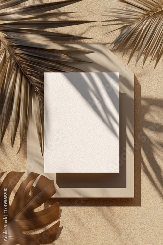 A blank book rests on a sand-colored block, framed by palm and monstera shadows
