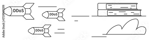DDoS attack rockets flying toward cloud and server stacks. Ideal for cybersecurity, hacking, internet safety, data protection, risk management, technology, online threats. Simple flat metaphor