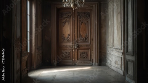 Ornate double wooden doors bathed in soft light, hinting at a grand interior