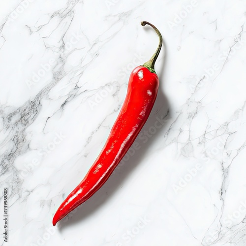 Vibrant red chili pepper on a white marble surface, overhead shot