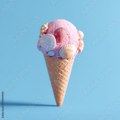Pink ice cream cone adorned with seashells against a bright blue backdrop, summer vibe