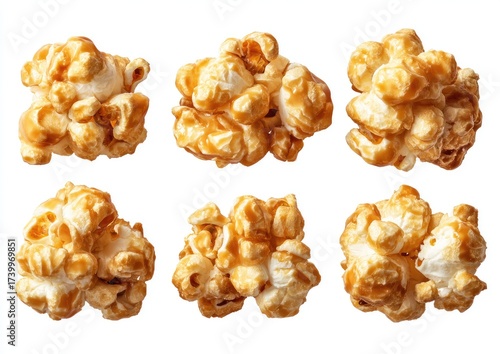 Overhead shot of six caramel-coated popcorn clusters on a white background