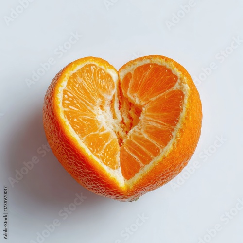 A heart-shaped citrus fruit, vibrant orange, on a white background, cut open