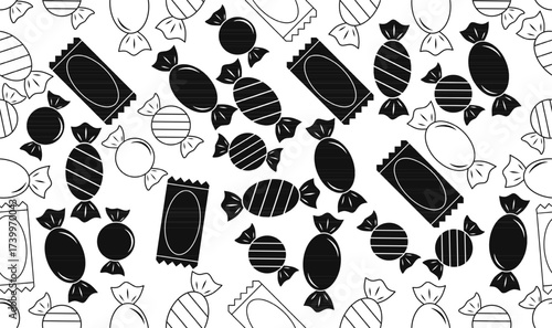Seamless candy pattern vector. Black and white sweets, lollipops, and wrapped candies outline and silhouette. Perfect for packaging, textile, wallpaper, and microstock design.