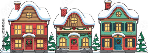 Snow bush Christmas village row of residential buildings. winter Christmas theme. Colorful Alphone cottage countryside housing architecture in the snow landscape 