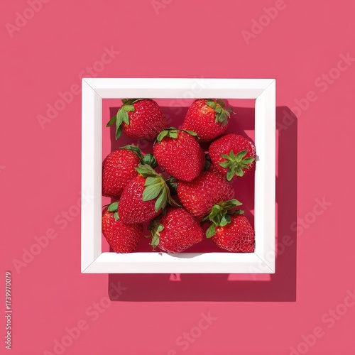 Square frame holding a cluster of fresh, ripe strawberries on a vibrant pink background