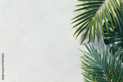Tropical leaves cascade down a textured white background, bathed in sunlight