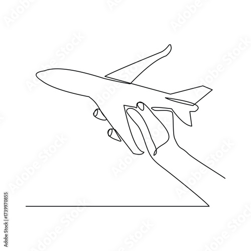Continuous line of hand holding airplane air craft aero modeling toy miniature. Single line sketch drawing editable stroke of jet plane aero modeling remote control. Vector illustration