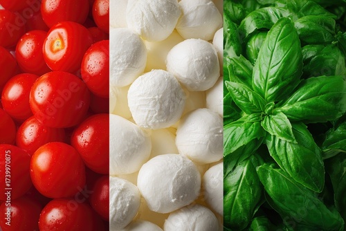 Close-up of vibrant ingredients, mimicking Italian flag tomatoes, mozzarella, and basil