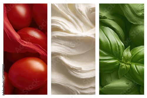 Vertical panels show red tomatoes, white cream, and green basil, depicting Italian food