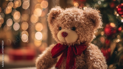 Teddy bear with a red Christmas bow against a Christmas tree and bokeh lights background. Christmas gift concept.