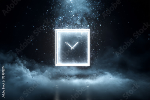 Glowing white digital clock floats in dark space surrounded by drifting light particles creating an ethereal atmosphere
