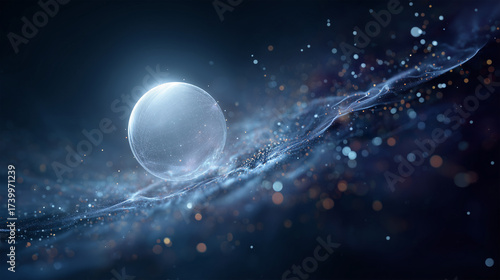 Holographic white sphere pulsates in dark navy space surrounded by floating light particles
