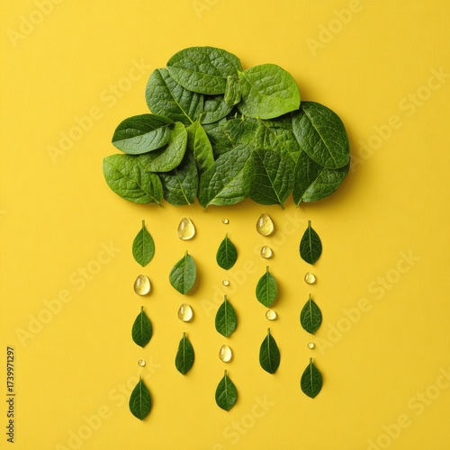 A cloud made of green leaves with rain drops on a bright yellow backdrop