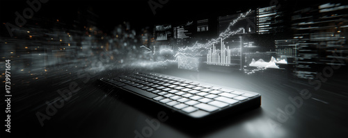 Sleek black desk features glowing white keyboard surrounded by floating translucent graphs in modern workspace setup