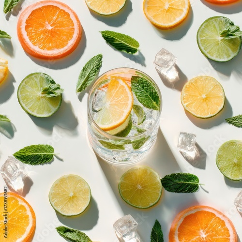 Overhead view of citrus slices, mint leaves, ice cubes, and a water-filled glass