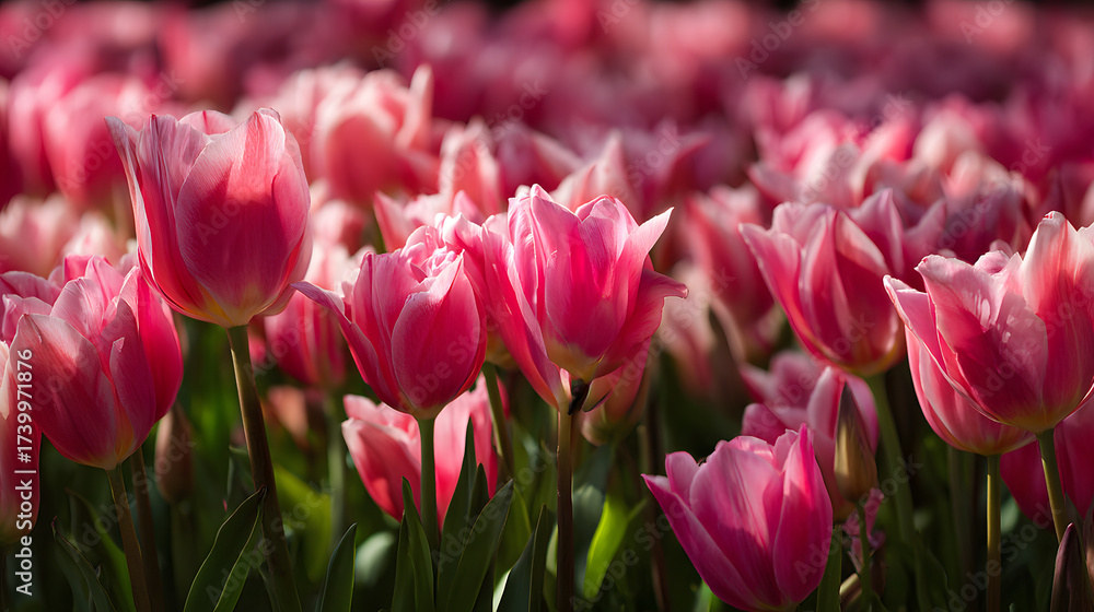 Fototapeta premium Vibrant field of pink tulips bathed in warm sunlight during springtime.