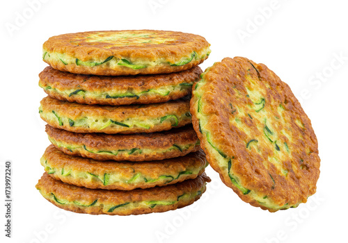Stack of golden zucchini fritters isolated, vegetarian patties on a white background